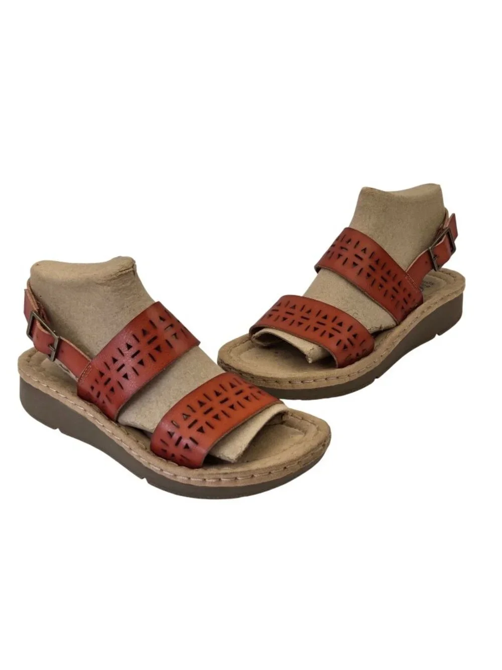 Earth Spirit Meaghan Wedge Laser Cut Strap Sandals Cognac Size 7